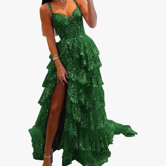 Emerald Green Corset Elegant Tulle Tiered Sequins Sparkly A Slit Prom Gown - Picture 1 of 13